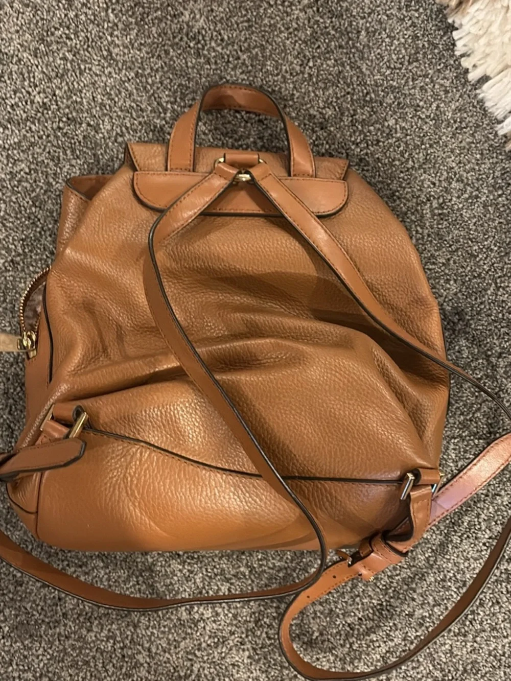 Michael Kors Cognac Leather Drawstring Backpack with Gold Hardware